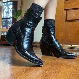 Dolce Vita Shanta Noir Crocodile Embossed Pointed-Toe Booties
